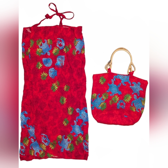 Shirin Women's Red/Blue Hawaiian Turtle Fish Tropical Muumuu Dress + Tote Set - Picture 1 of 16